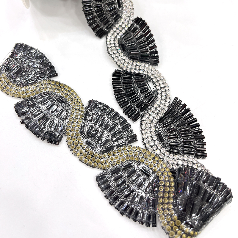 Black Beaded Rhinestone Applique Trimming By The Yard Exporter