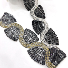 Black Beaded Rhinestone Applique Trimming By The Yard Exporter