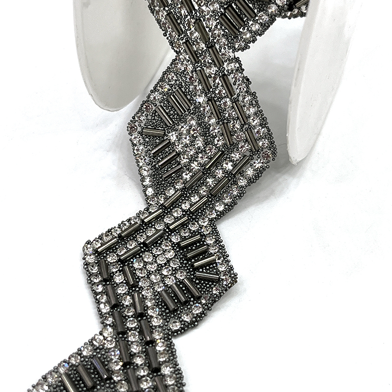 Black Beaded Rhinestone Applique Trimming By The Yard Exporter