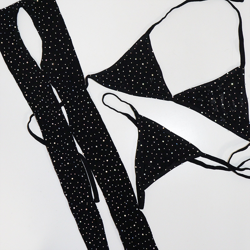 Black Rhinestone Sheer Mesh Leopard Print Bathing Suit Pole Outfit Sets Wholesale