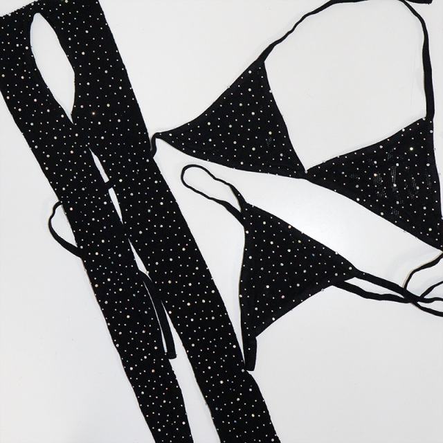 Black Rhinestone Sheer Mesh Leopard Print Bathing Suit Pole Outfit Sets Wholesale