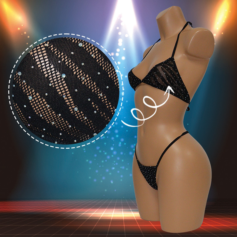 Black Rhinestone Sheer Mesh Leopard Print Bathing Suit Pole Outfit Sets Wholesale