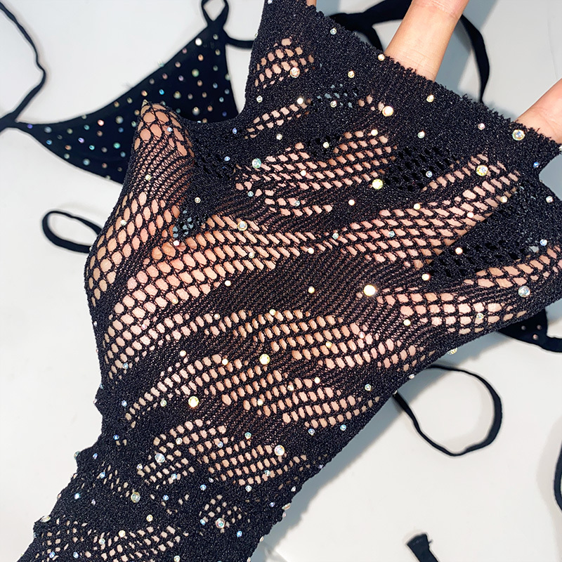 Black Rhinestone Sheer Mesh Leopard Print Bathing Suit Pole Outfit Sets Wholesale