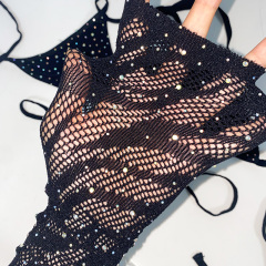 Black Rhinestone Sheer Mesh Leopard Print Bathing Suit Pole Outfit Sets Wholesale
