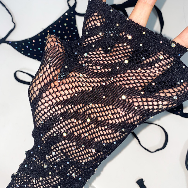 Black Rhinestone Sheer Mesh Leopard Print Bathing Suit Pole Outfit Sets Wholesale