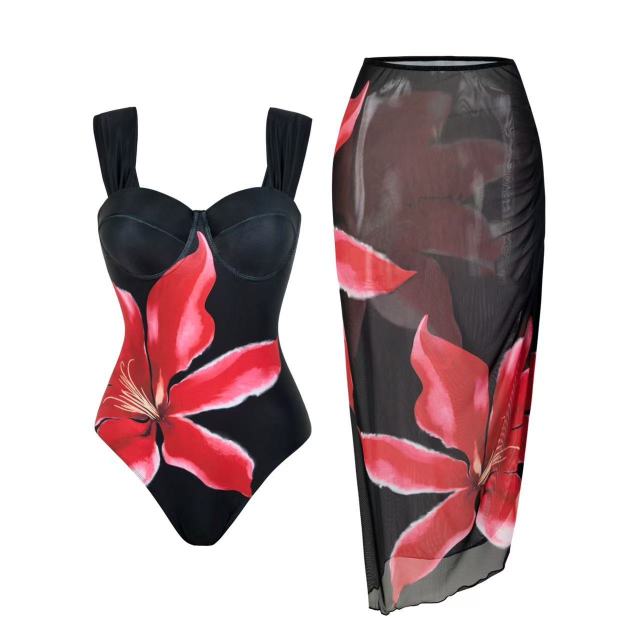Two Pieces Floral Print Swimwear Cover Up Maxi Long Skirt Wholesale