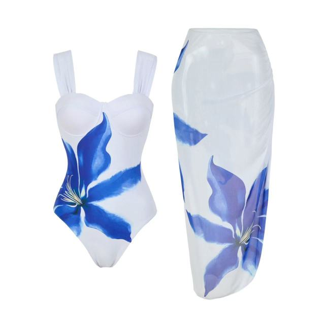 Two Pieces Floral Print Swimwear Cover Up Maxi Long Skirt Wholesale