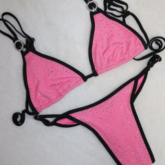 Women Pink Elastic Crystal Triangle Bikini for Stripper Wear Factory