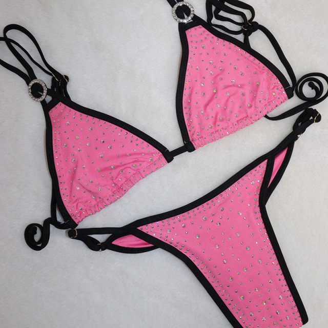 Women Pink Elastic Crystal Triangle Bikini for Stripper Wear Factory