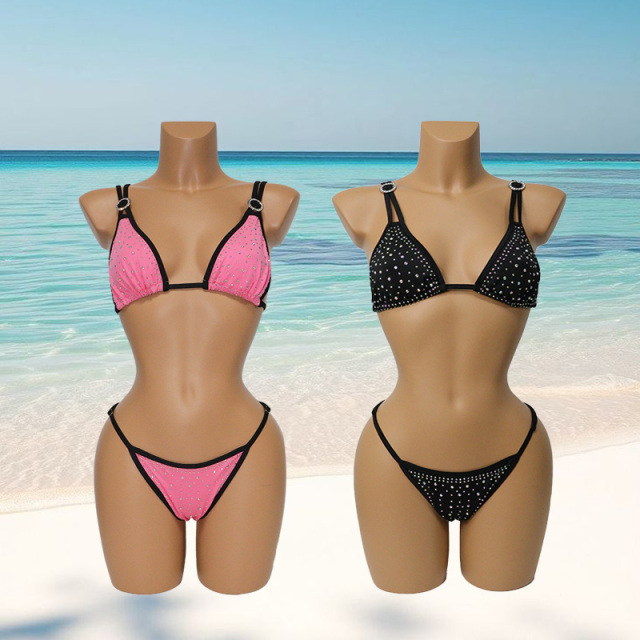 Women Pink Elastic Crystal Triangle Bikini for Stripper Wear Factory