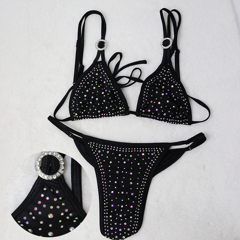 Women Pink Elastic Crystal Triangle Bikini for Stripper Wear Factory