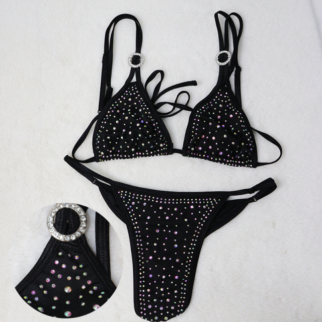Women Pink Elastic Crystal Triangle Bikini for Stripper Wear Factory