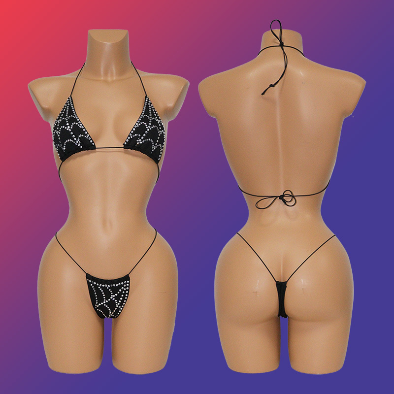 Black Bedazzled Diamond Spiderweb Thong Bathing Suit Manufacturer