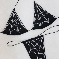 Black Bedazzled Diamond Spiderweb Thong Bathing Suit Manufacturer