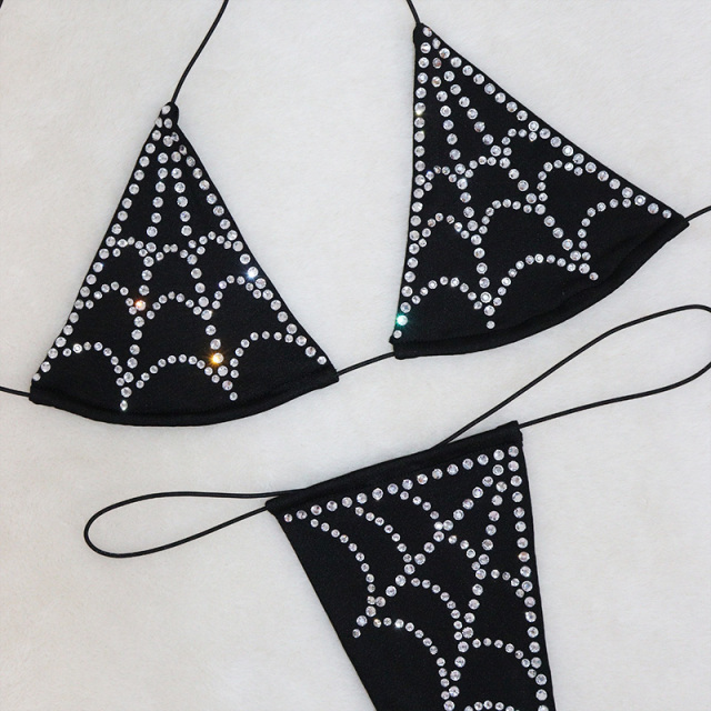 Black Bedazzled Diamond Spiderweb Thong Bathing Suit Manufacturer