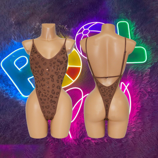Brown Cheetah Printed Backless Bodysuit Pole Competition Outfits Wholesale