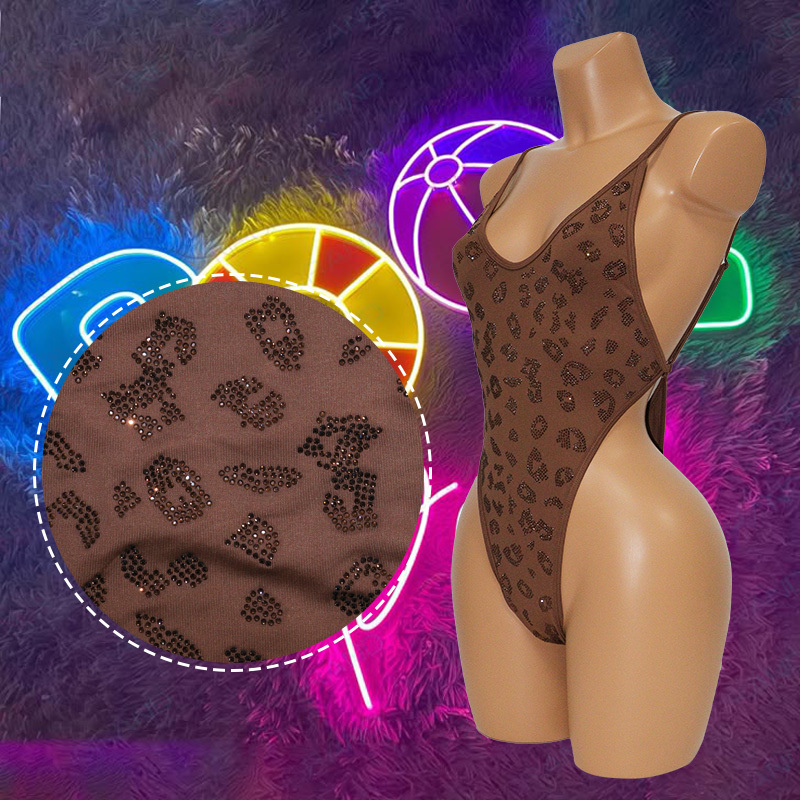 Brown Cheetah Printed Backless Bodysuit Pole Competition Outfits Wholesale