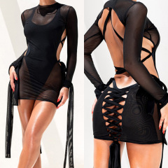 Black Sheer Mesh Bandage Bodysuit with Cover Up Pole Dance Performance Wear Custom