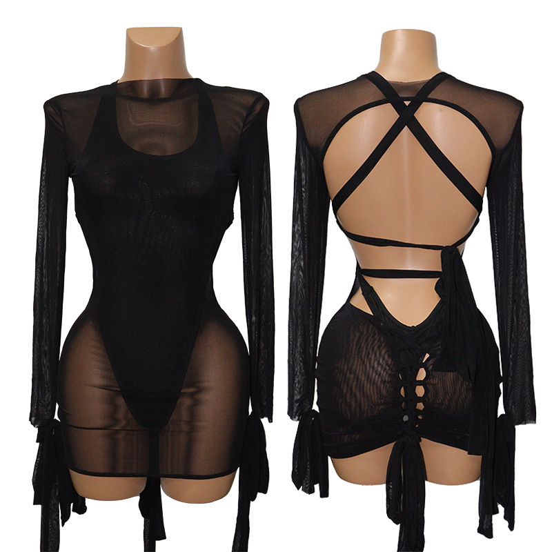 Black Sheer Mesh Bandage Bodysuit with Cover Up Pole Dance Performance Wear Custom