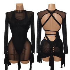 Black Sheer Mesh Bandage Bodysuit with Cover Up Pole Dance Performance Wear Custom
