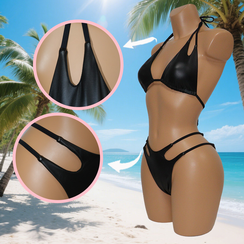 Black PU Leather Triangle Bikini for Exotic Stripper Wear Factory