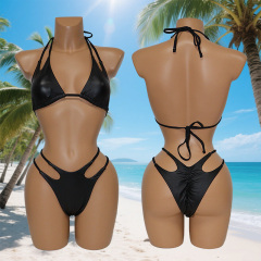Black PU Leather Triangle Bikini for Exotic Stripper Wear Factory