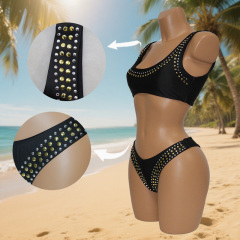 Black Rivet Decor High Waist Bathing Suit for Stripper Outfit Exporter