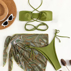 3 Pieces Lace Up Hater Bathing Suit with Printed Cover Up Swim Skirt Suppliers