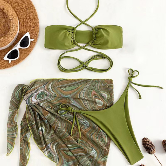 3 Pieces Lace Up Hater Bathing Suit with Printed Cover Up Swim Skirt Suppliers