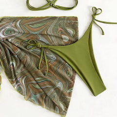 3 Pieces Lace Up Hater Bathing Suit with Printed Cover Up Swim Skirt Suppliers