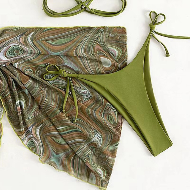 3 Pieces Lace Up Hater Bathing Suit with Printed Cover Up Swim Skirt Suppliers