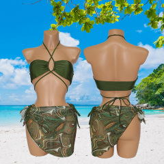 3 Pieces Lace Up Hater Bathing Suit with Printed Cover Up Swim Skirt Suppliers