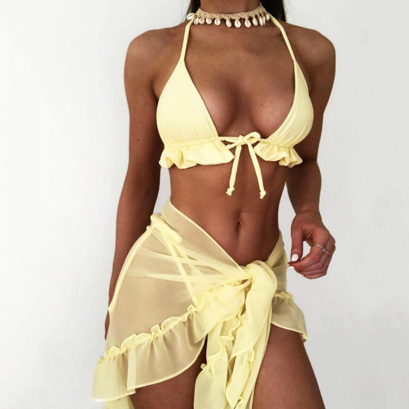 Ruffles Hem Bikini Sets with Wrap Skirt for Beach Wear Custom