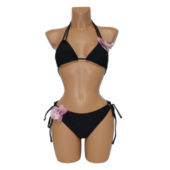 Black 3D Floral Decor Bikini for Beach Party Wear Exporter