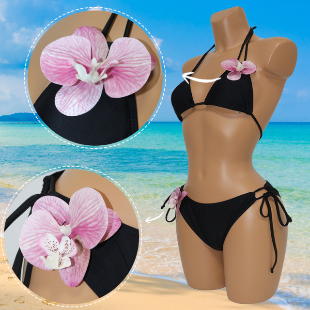 Black 3D Floral Decor Bikini for Beach Party Wear Exporter