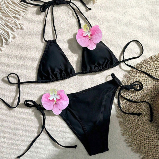 Black 3D Floral Decor Bikini for Beach Party Wear Exporter