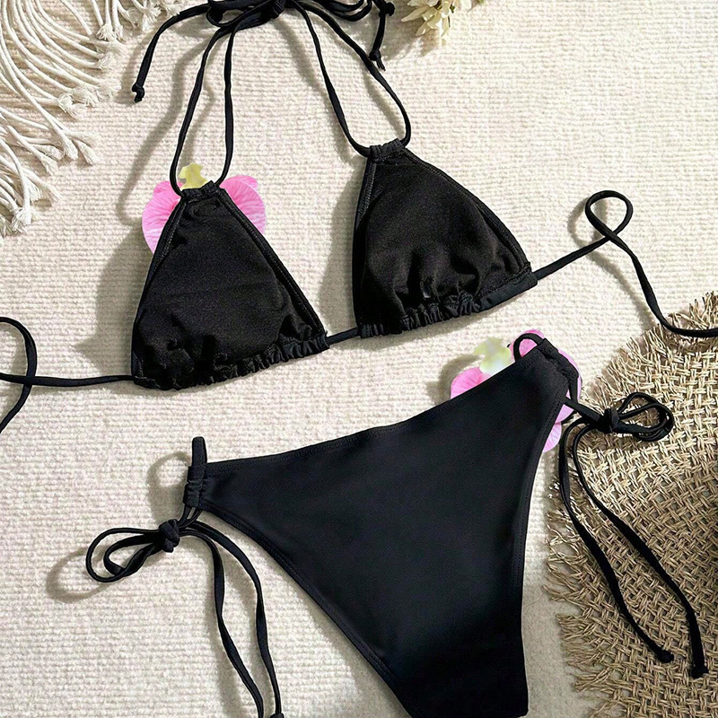 Black 3D Floral Decor Bikini for Beach Party Wear Exporter