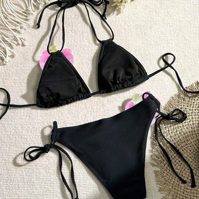 Black 3D Floral Decor Bikini for Beach Party Wear Exporter
