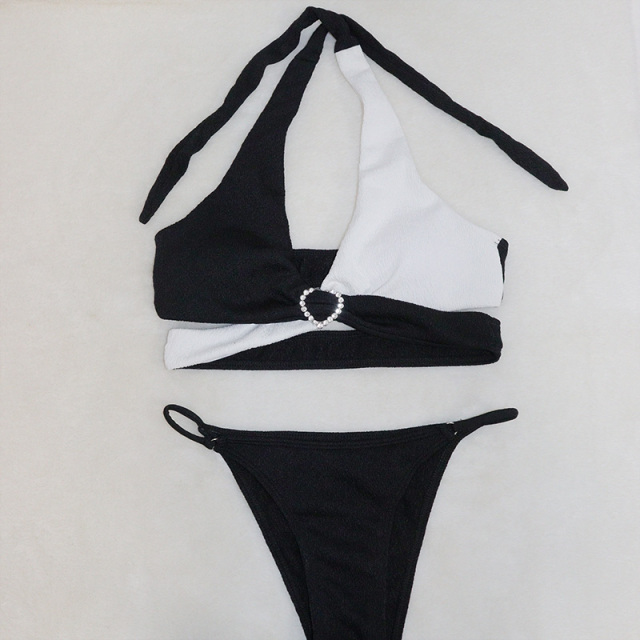 Black & White Halter Criss Cross Bikini Top Sets Swimwear Factory