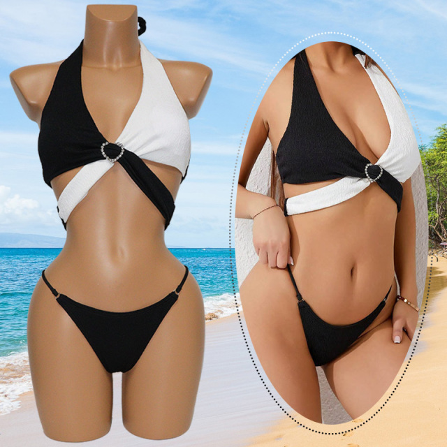 Black & White Halter Criss Cross Bikini Top Sets Swimwear Factory