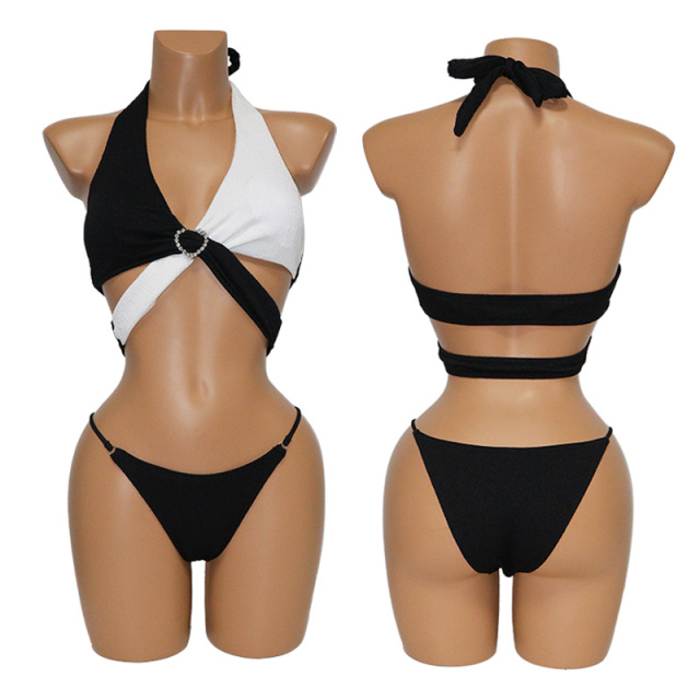 Black & White Halter Criss Cross Bikini Top Sets Swimwear Factory