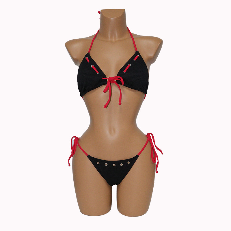 Black Tie Up Triangle Bikini with Grommet Exporter