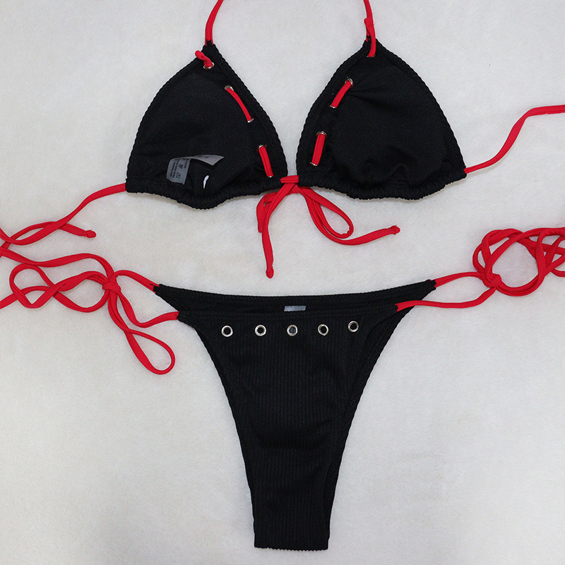 Black Tie Up Triangle Bikini with Grommet Exporter