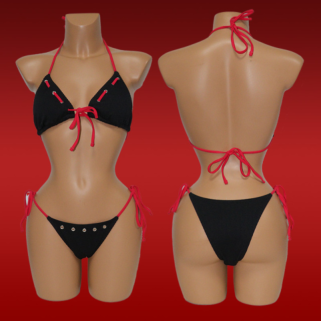 Black Tie Up Triangle Bikini with Grommet Exporter