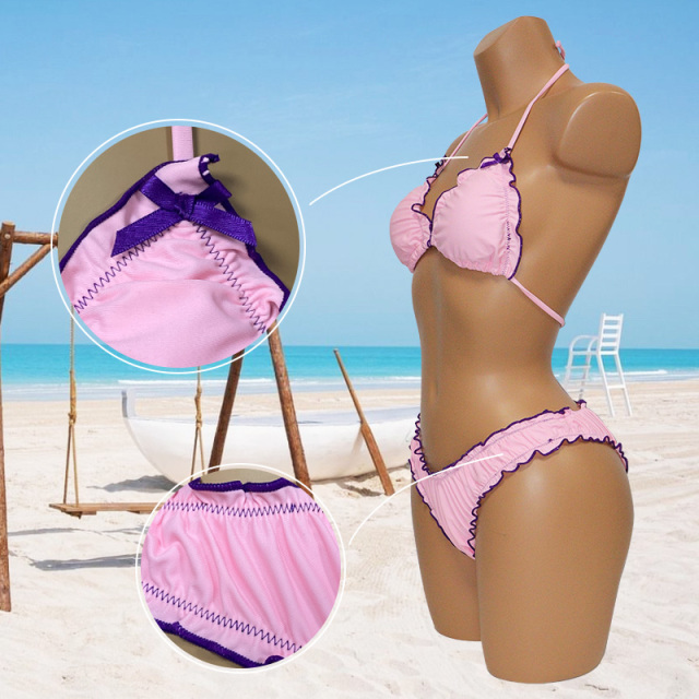 Pink Ruffle Hem Two Pieces Bikini Set with Bowknot Manufacturer