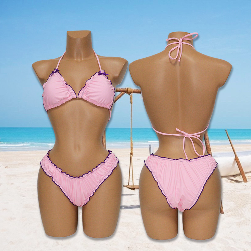 Pink Ruffle Hem Two Pieces Bikini Set with Bowknot Manufacturer