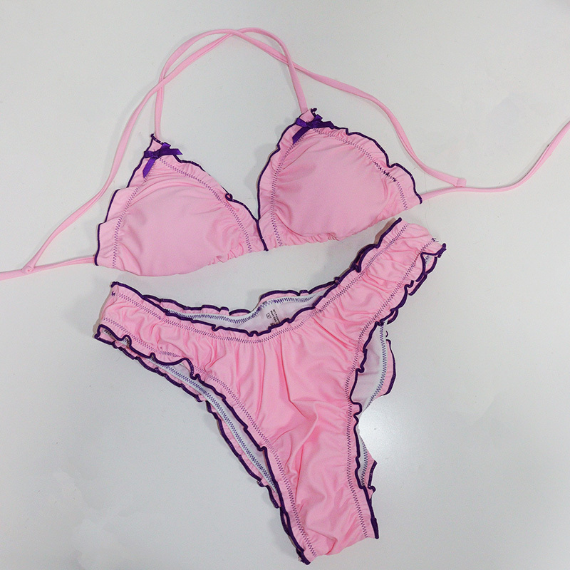 Pink Ruffle Hem Two Pieces Bikini Set with Bowknot Manufacturer