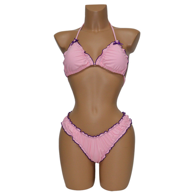 Pink Ruffle Hem Two Pieces Bikini Set with Bowknot Manufacturer