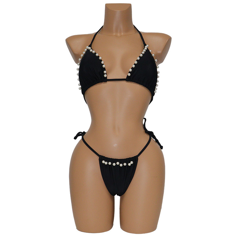 Black Two Pieces Triangle Bikini with Pearls Factory