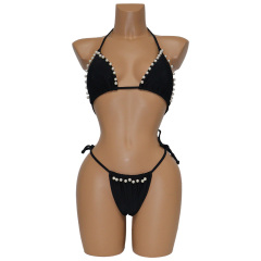 Black Two Pieces Triangle Bikini with Pearls Factory